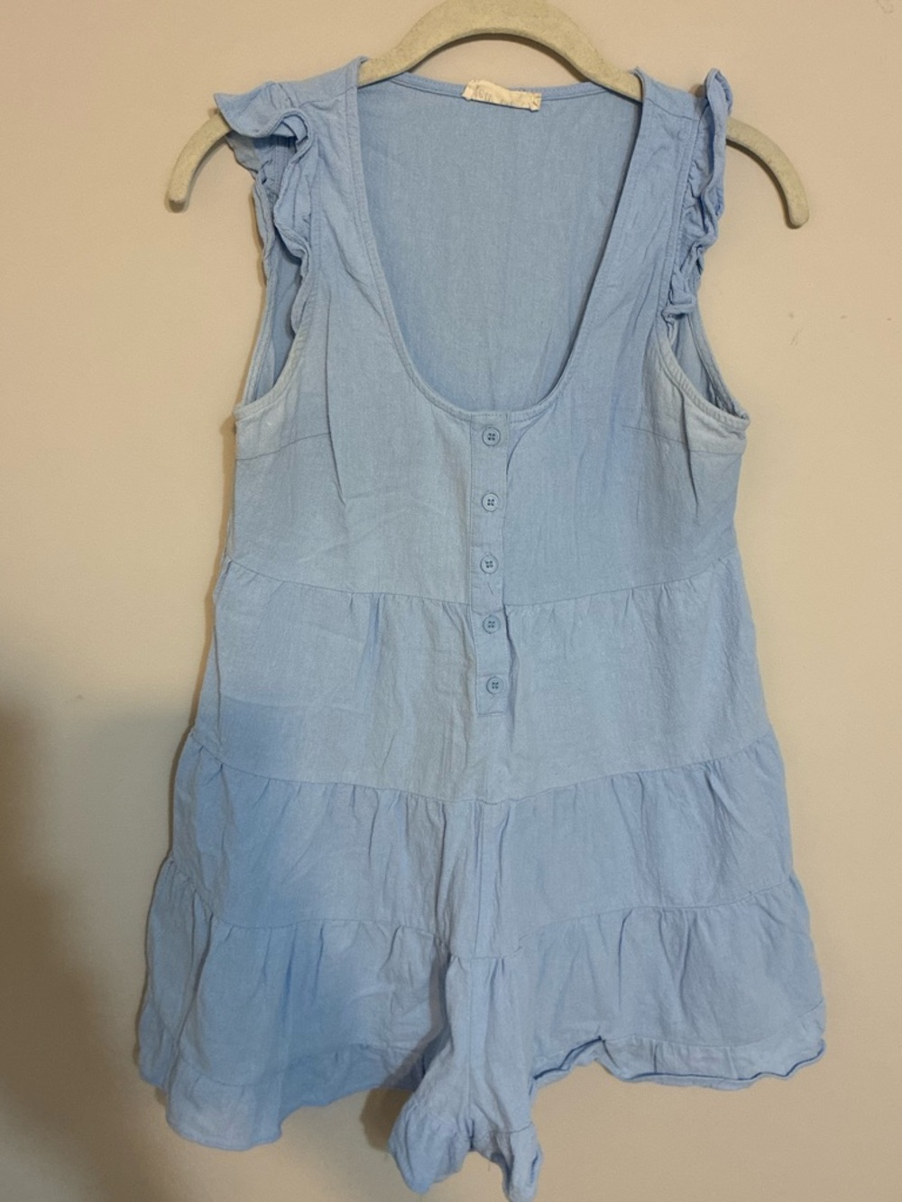 New In Light Blue Sleeveless Ruffle Tiered Romper Button Down Medium Cotton